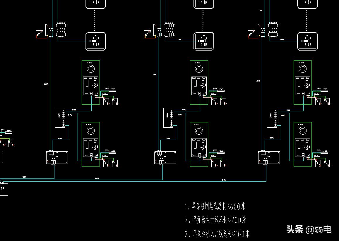 一份楼宇对讲系统图，接线与分机安装图
